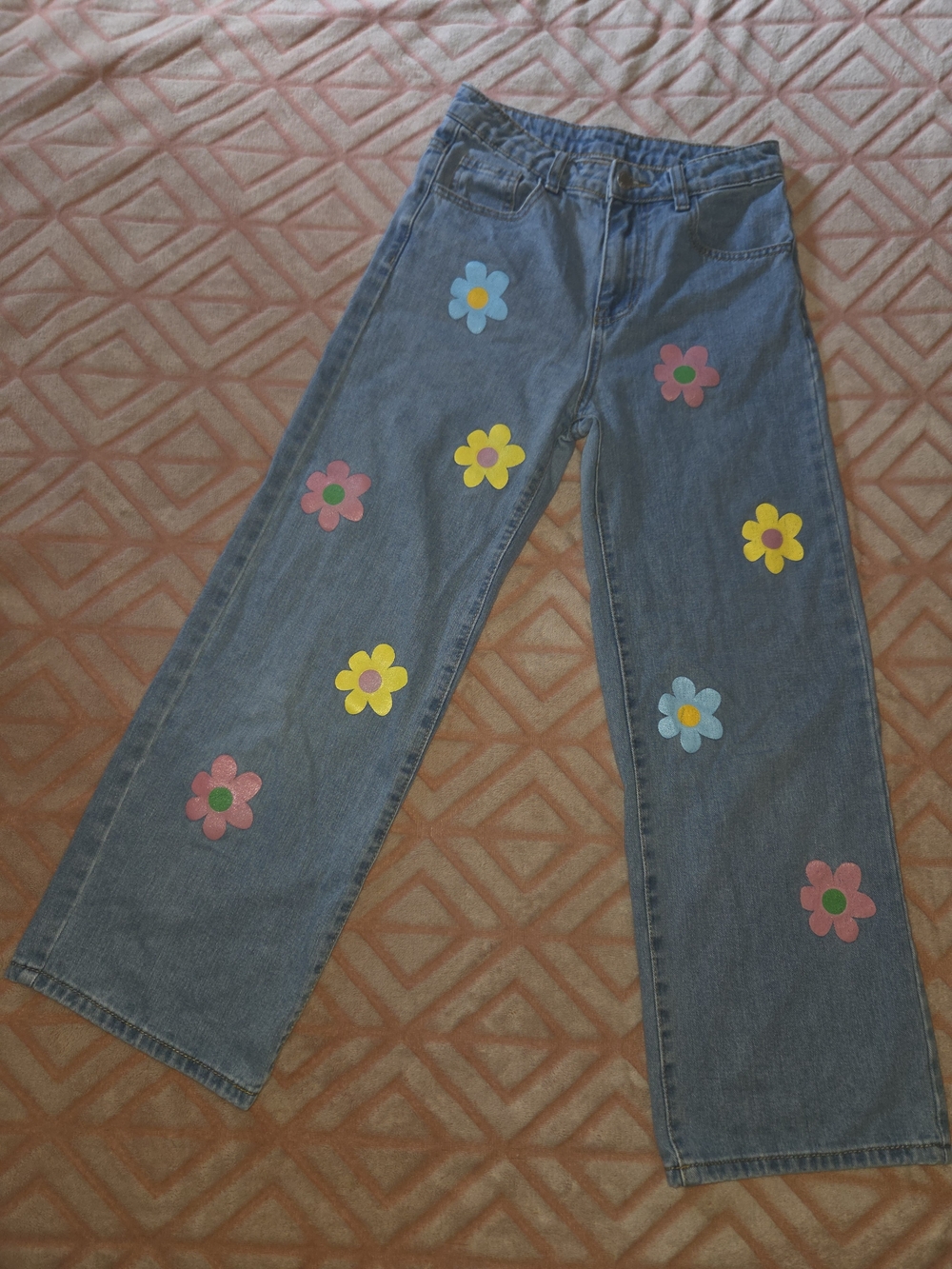 Girls Blue Denim Wide-Leg Jeans with Pink, Yellow & Light Blue Flowers